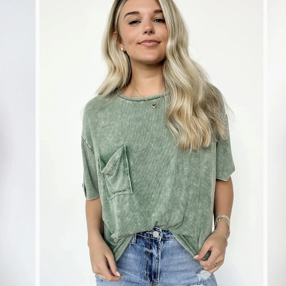 Zenana Outfitters Tops - Zenana Outfitters Mineral-Wash Pocket Tee in Sage
